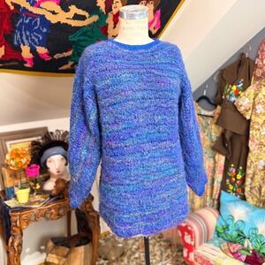Hand Knit Textured‎ Pullover Sweater Blue Purple Multi Color Boho - L